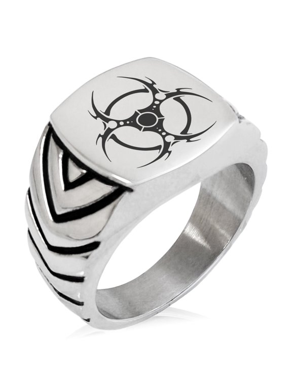 Stainless Steel Tribal Barbed Wire Biohazard Chevron Pattern Biker Style Polished Ring