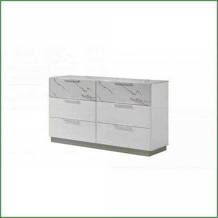 Dressers Modern White Lacquer with 6 Drawers, Marble Accents & Velvet-Lined Top | White | Wood