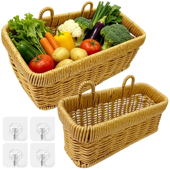 2 Pcs Faux Rattan Woven Wall Baskets, Kitchen Storage Hangers, Rectangular Double-Handled Organizer, Yellowish-Brown for Ginger Garlic Pantry Home Décor