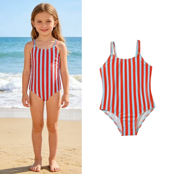 Girls Swimming Suits Adjustable Spaghetti Strap Striped Swimsuits 1 Piece Girls Bathing Suits Swimsuits for Girls 4-5 Years