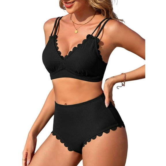 Bikini Sets for Women Scalloped Trim Swimsuits High Waisted Tummy Control Two Piece Bathing Suits 2025
