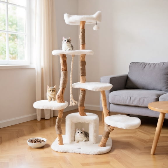 Pefilos 66" Modern Cat Tree Tower for Indoor Cats with Perch, Cat Condo, Solid Wood Cat Tree House with Scratching Posts for Large Cats, White
