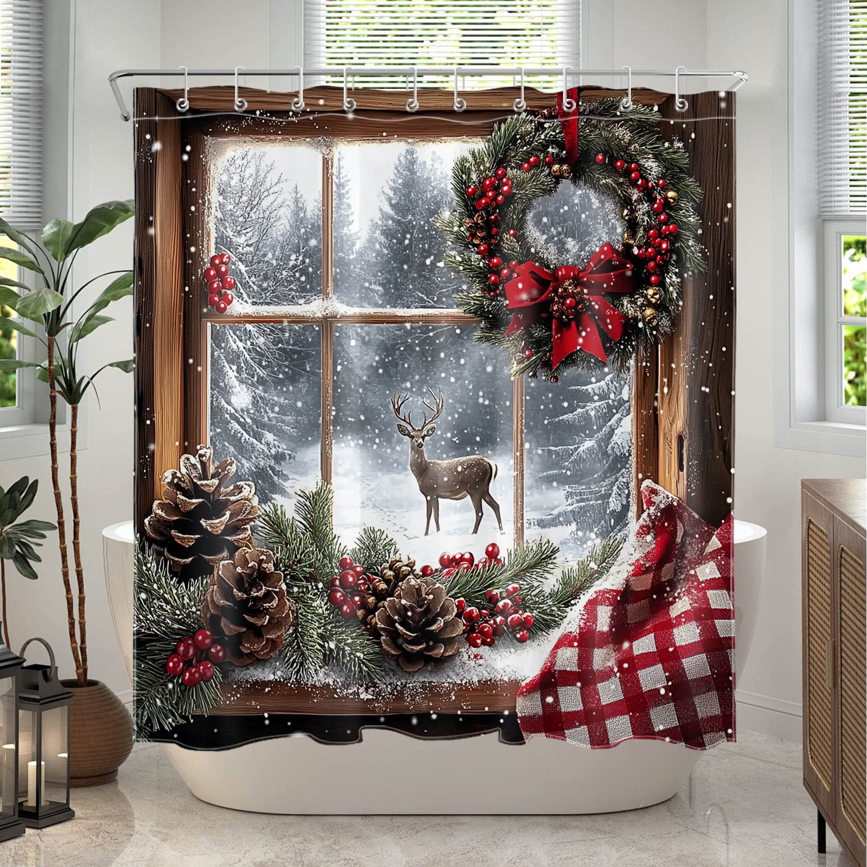 NEONWE Christmas Snowy Shower Curtain Farmhouse Window Wreath Winter Forest Deer Rustic Holiday Bathroom Shower Curtain Home Decor Polyester Waterproof Fabric with 10 Pack Plastic Hook 72" X 60"