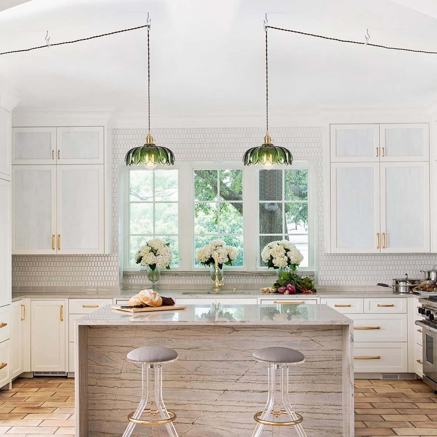 Plug in Pendant Light Fixtures: Hanging Light Plug in Green Glass Hanging Lamp, Pendant Lighting for Kitchen Island, Bedroom, Dining Room, Living Room, E26 No Bulb