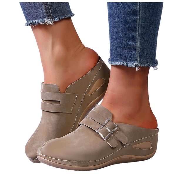 Pandaie Wedge Clogs for Women Comfortable Closed Toe Slip on Mules Arch Support Orthopedic Slippers Backless Walking Slides Sandals Khaki Size 6.5