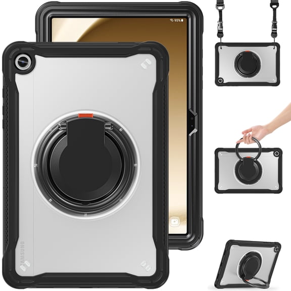 Allytechgroup Rugged Case for Samsung Galaxy Tab A11 8.7" 2025 SM-X133 X135, with Shoulder Strap Rotating Kickstand PC TPU Heavy Duty Shockproof Back Cover Case for Galaxy Tab A11 8.7", Black