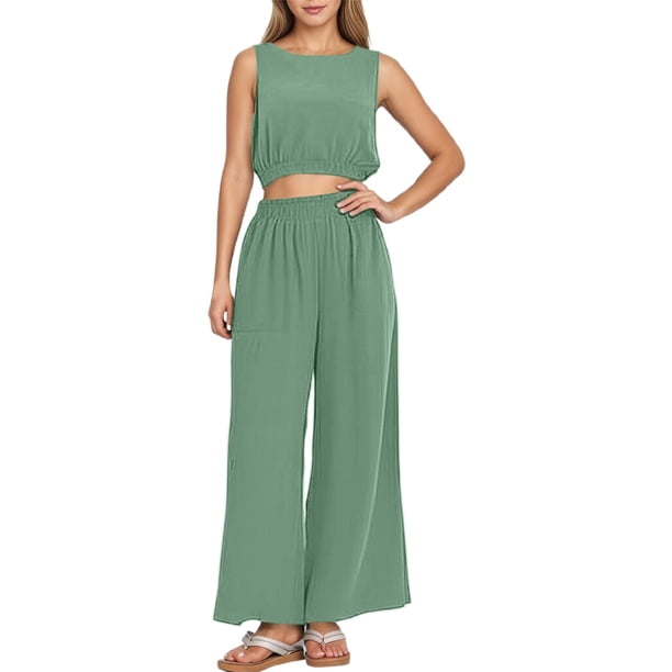 Conjunto informal de dos piezas para mujer con cuello redondo, sin mangas, cintura alta y pernera ancha - Top con dobladillo elástico - Pantalones de corte holgado - Versátil para looks informales