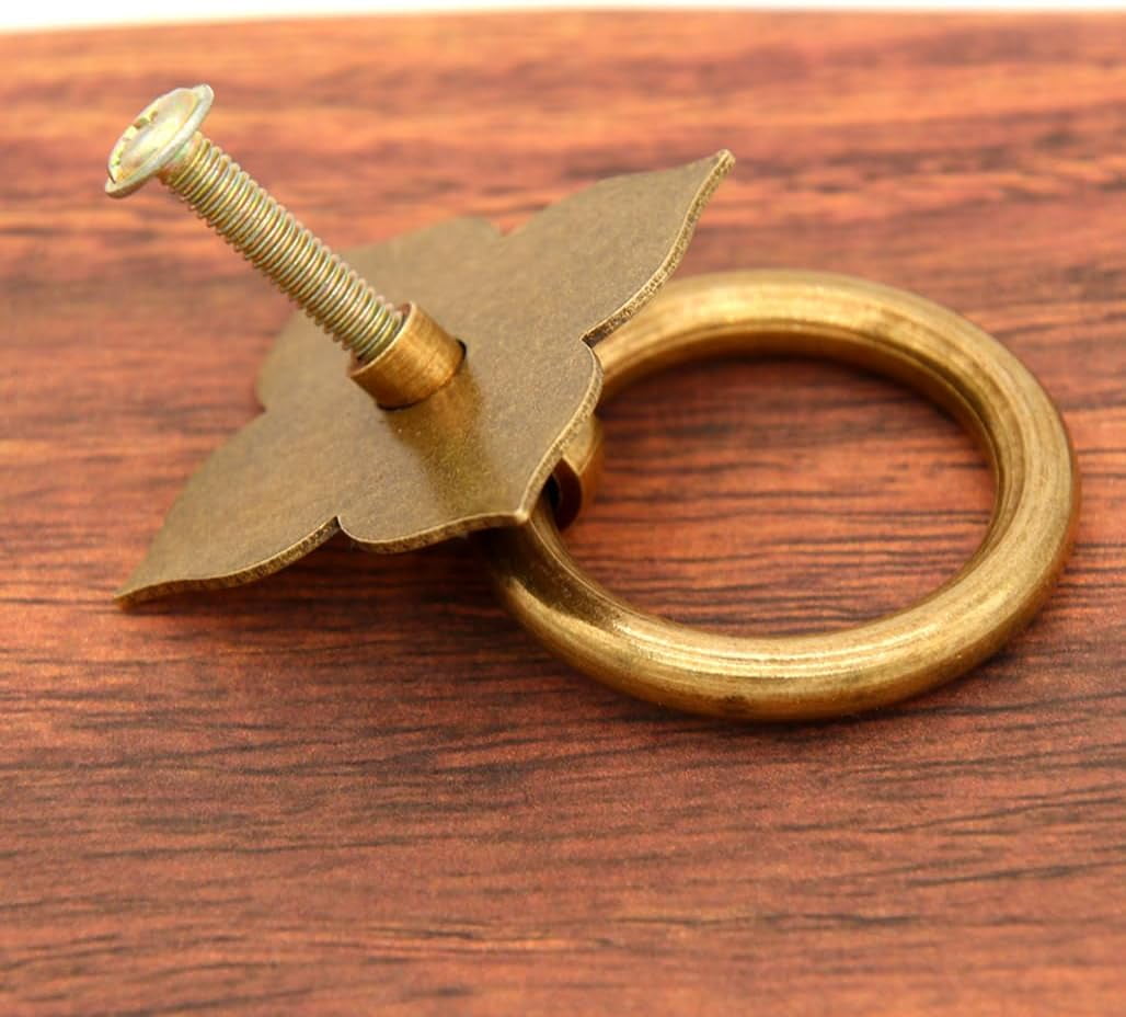 ABCISI 6 PCs Pure Copper Ring Pulls - Vintage Antique Brass Ring Pulls with Four-Leaf Clover Shaped Base - Pure Solid Brass Core - Ring Size 1.4" (3.5 cm)
