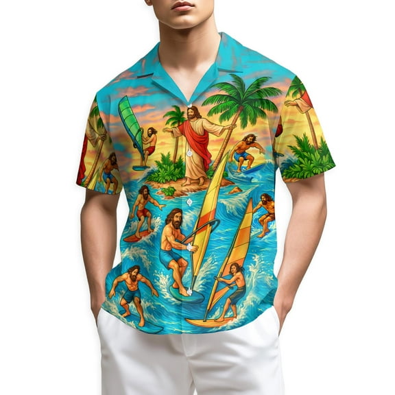 Netecom Funny Jesus Hawaiian Shirt for Men, Button Down Summer Beach Short Sleeve, S-5XL