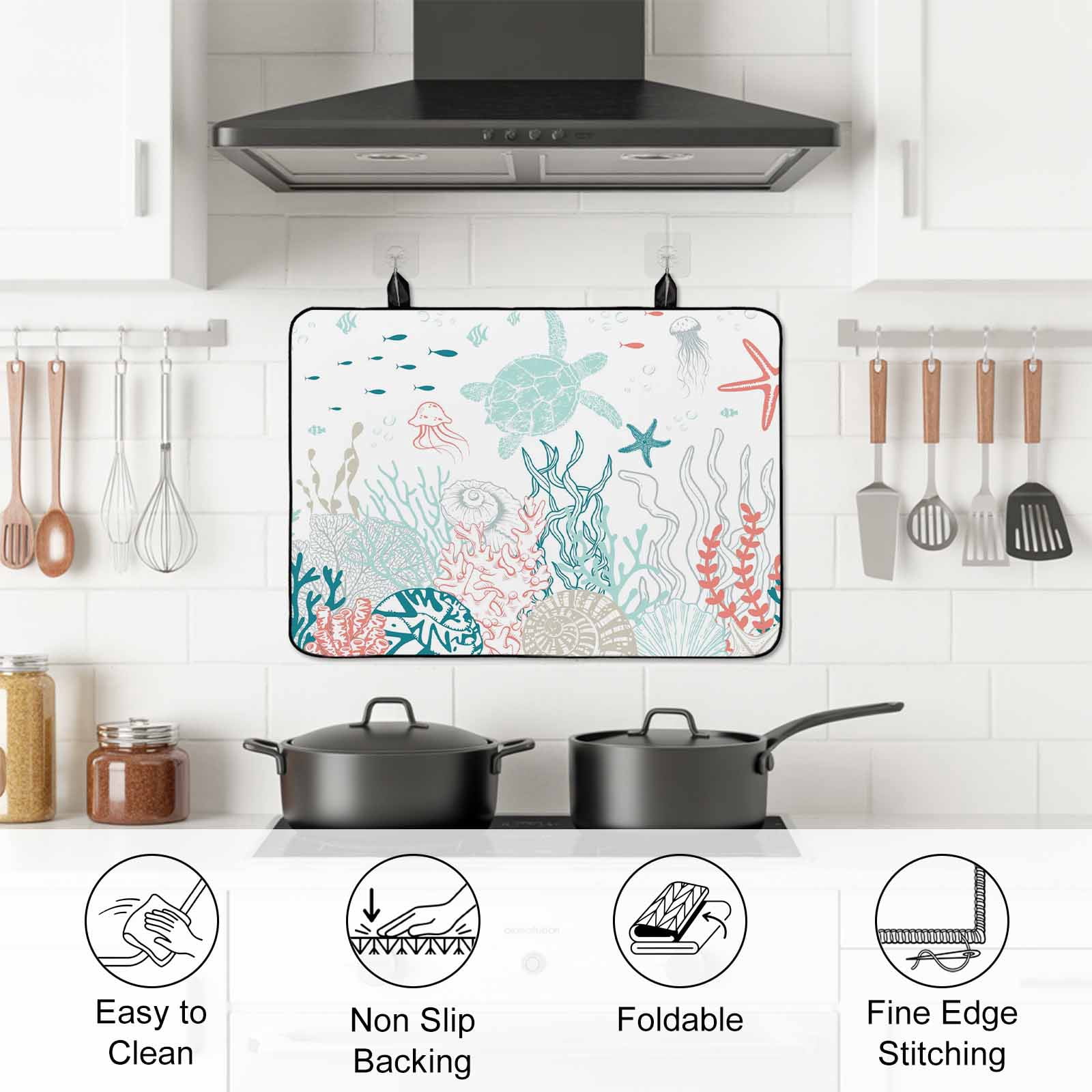 Coastal Turtle Stove Top Cover for Electric Stove, Heat-proof & Non Slip Glass Top Stove Cover Protector, Teal Green Ocean Coral Starfish Jellyfish Kitchen Flat Cooktop Rubber Mat 28.5x20.5 Inches