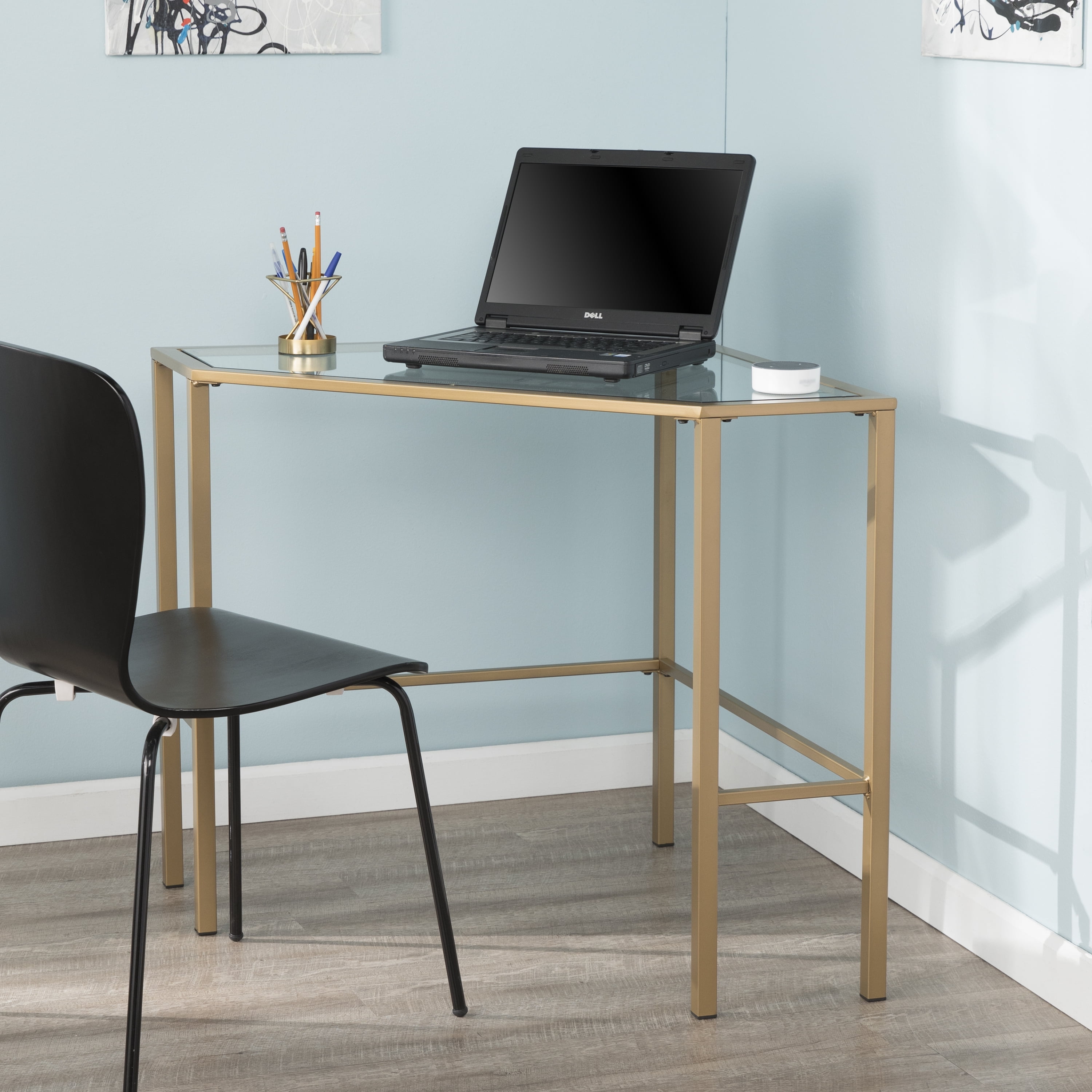 Kalel Metal Glass Corner Desk Contemporary Soft Gold Walmart