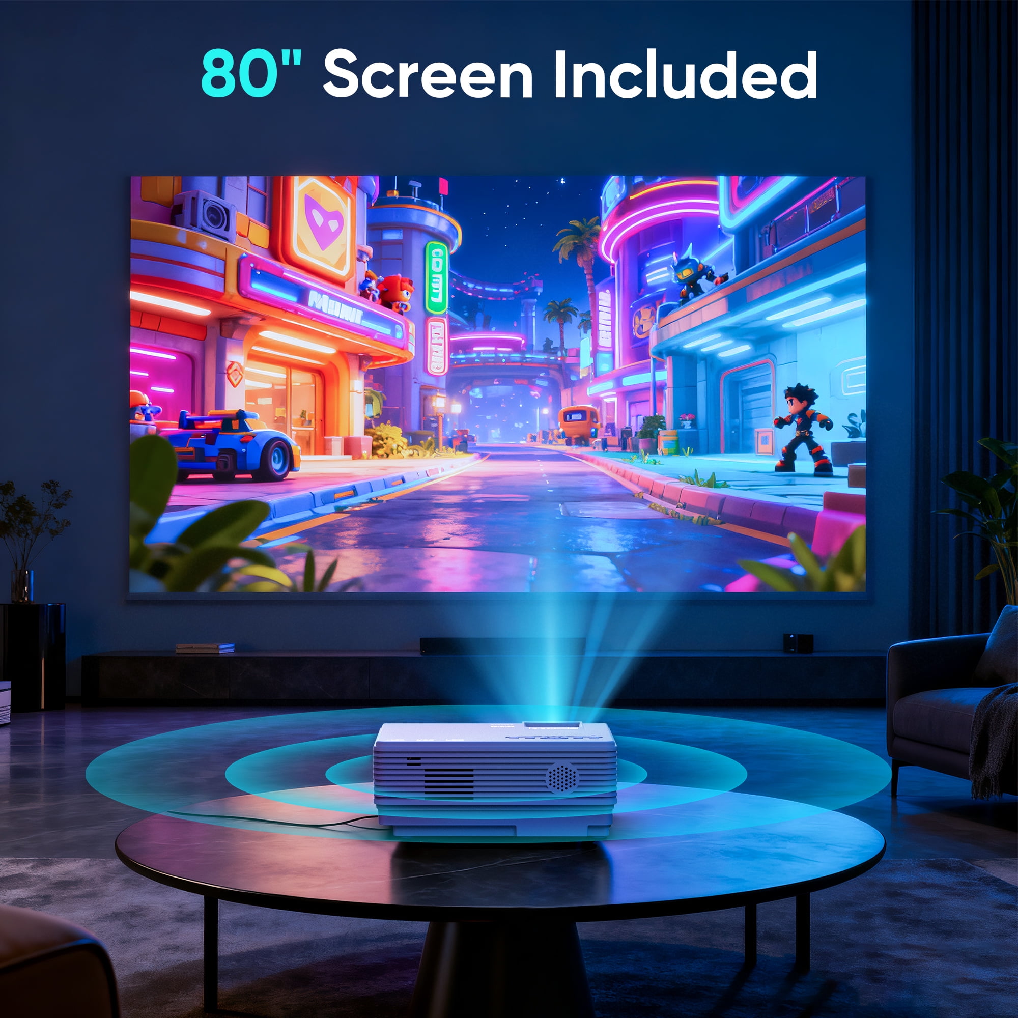 GCZ Projector, 1080P Full HD Portable Projector with Screen, Auto Focus and Keystone, for Home, Bedroom, Outdoor Use