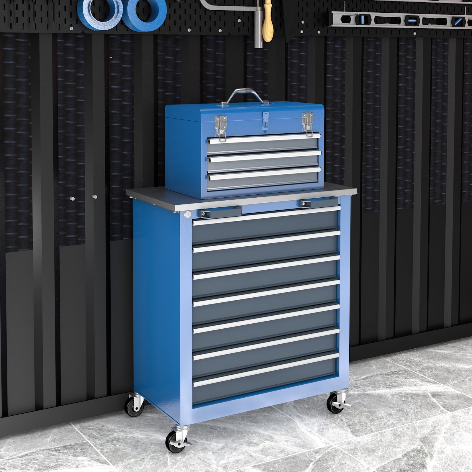 10-Drawers Rolling Tool Chest Toolbox:3-Drawer Tool Box with Openable Top and 7-Drawer Tool Chest Toolbox,Stackable Tool Cabinet:  for Garages,Warehouses, Repair Stores and Homes