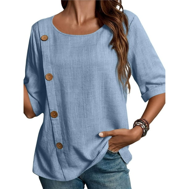 Camiseta Informal Holgada de Corta con Cuello Redondo y Botones de Algodón y para Mujer, Estilo Formal y de Trabajo Azul M