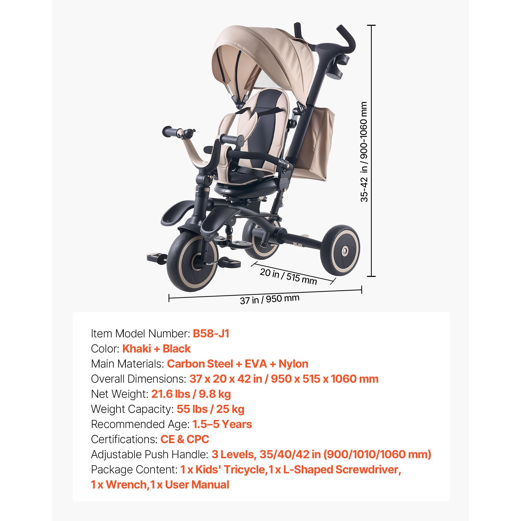 KFFKFF 7-in-1 Toddler Tricycle & Stroller for Ages 18 Months to 5 Years, Kids Trike with Push Handle, Adjustable Canopy, Rotating Seat, and Storage