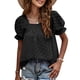 thumbnail image 1 of Camisas de manga corta, camisetas casuales de verano, camisetas de verano para damas, cuello cuadrado, gasa, jacquard, blusa (negra), 1 of 6