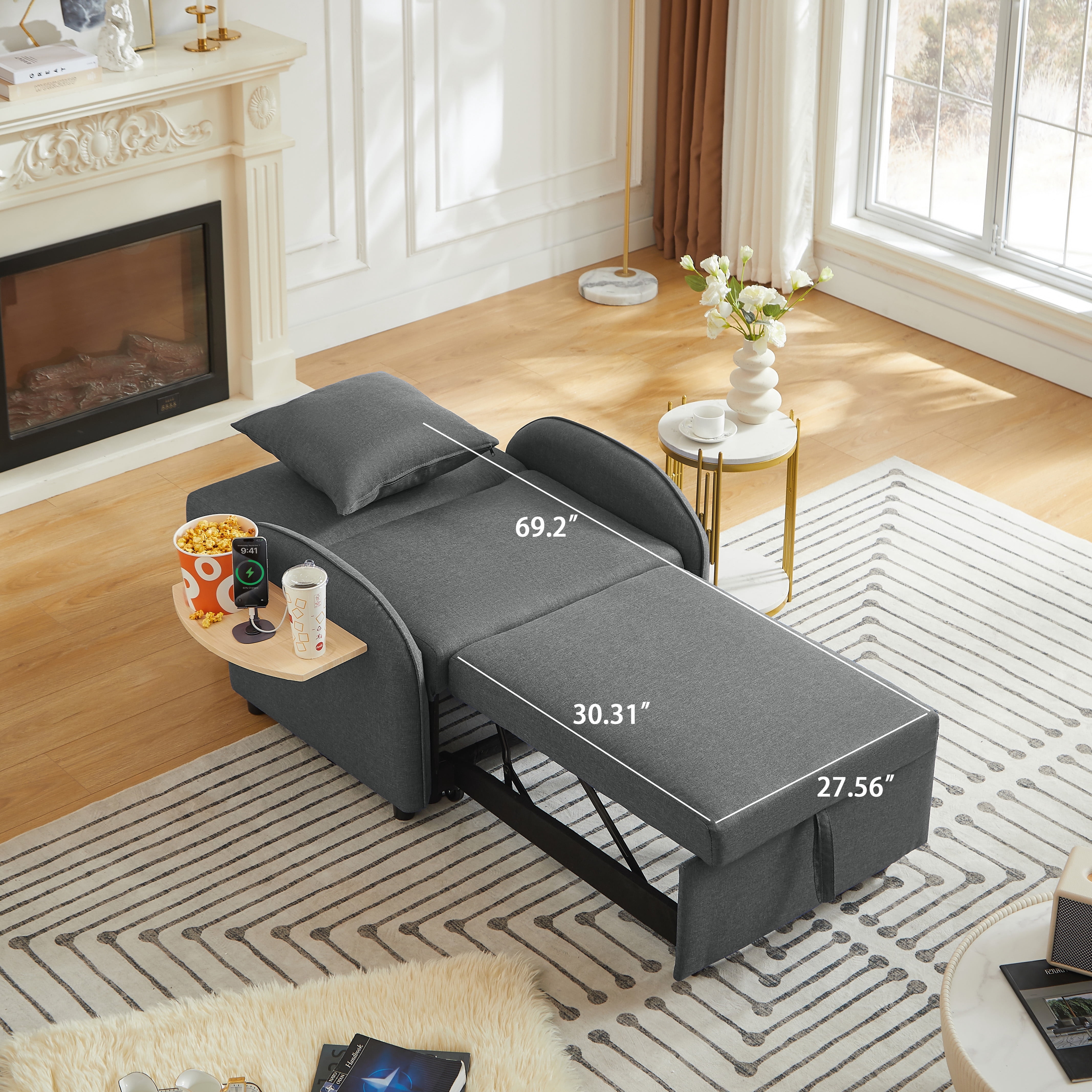 Leumius Convertible Sofa Chair Bed,3-in-1 Sleeper Sofa with Pull-Out Bed and USB Port,Foldable Table,Modern Linen Single Sofa Chair with Reclining Backrest for Living Room Small Space,Dark Gray