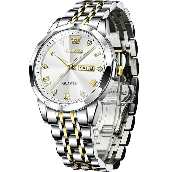 Olevs Watch for Men Diamond Quartz Movement 41mm Luminous Stainless Steel Silver Gold Bracelet Date White Dial