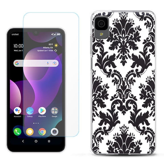 Slim-Fit Gel TPU Phone Case for TCL 30Z / 30 Z / 30 LE, with Tempered Glass Screen Protector, by OneToughShield ® - Victorian White/Black