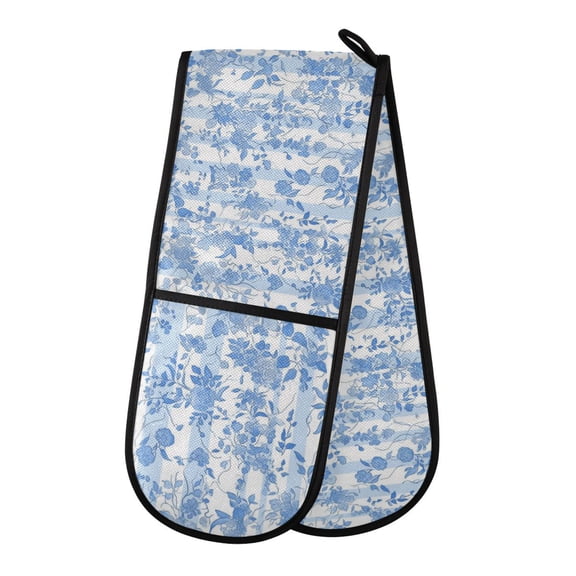 Dailycode Double Sided Oven Mitt with Loop Heat Resistant Kitchen Long Potholders 7" x 35" Blue White Stripes and Flowers