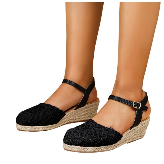 Womens Espadrilles Woven Closed Toe Wedge Sandals Classic Summer Cork Wedges Heels with Ankle Strap Thick Sole Dressy Beach Shoes Black Size 8.5