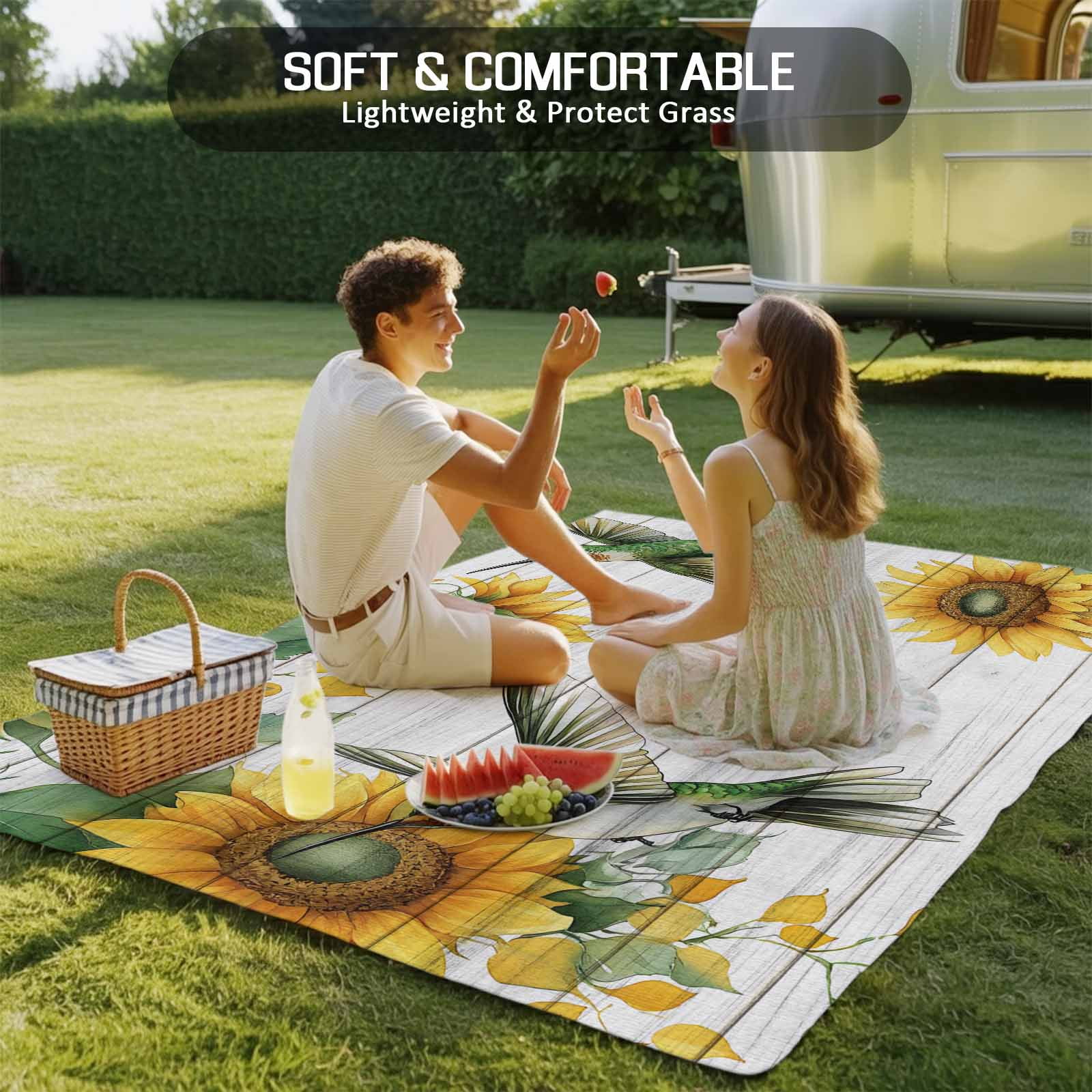 Fsddascl Sunflower Outdoor Rug for Patio/Deck/Porch, Non-Slip Large Area Rug 4 x 6 Ft, Yellow Summer Botanical Hummingbird Indoor Outdoor Rugs Washable Area Rugs, Reversible Camping Rug Carpet
