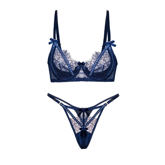 Midnight Sapphire Sparkle Lace Lingerie Set (BLUE, S)