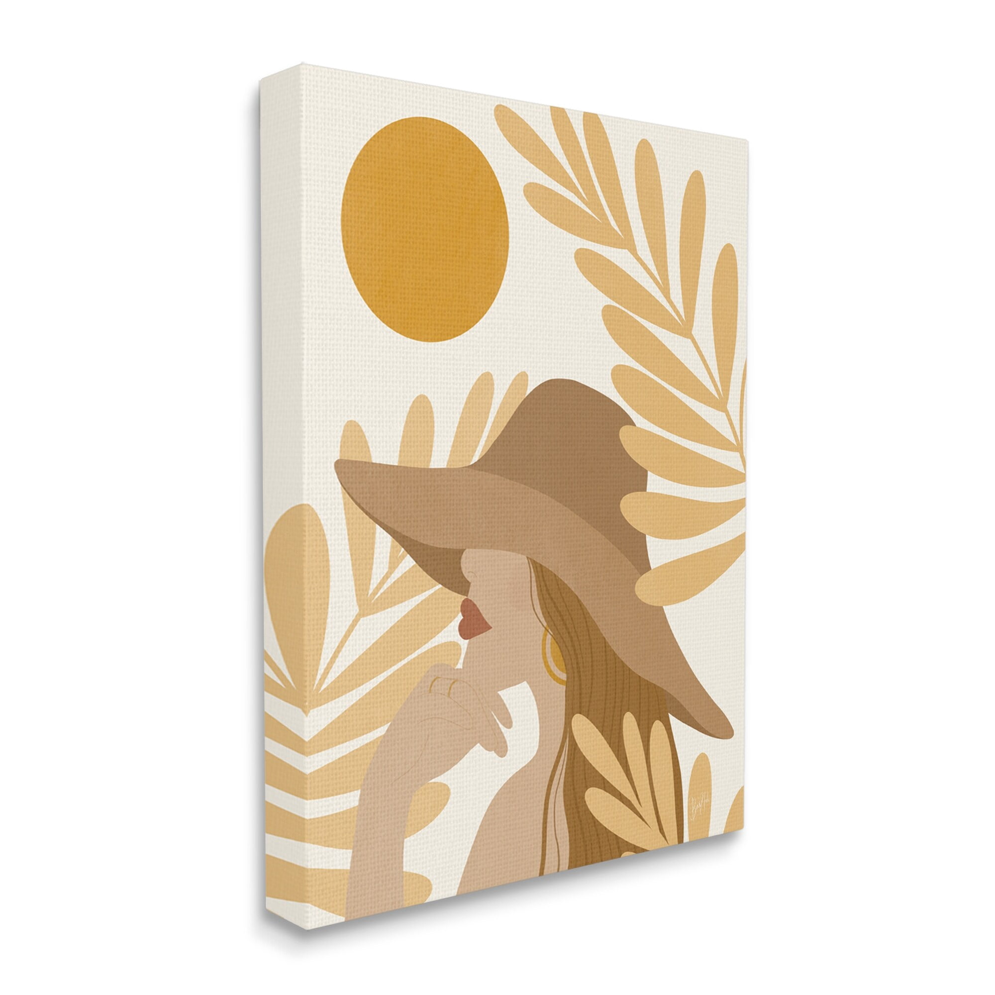 Stupell Industries Woman in Hat Warm Yellow Cutout Leaf Shapes Graphic Art Gallery Wrapped Canvas Print Wall Art, Design by Birch&Ink