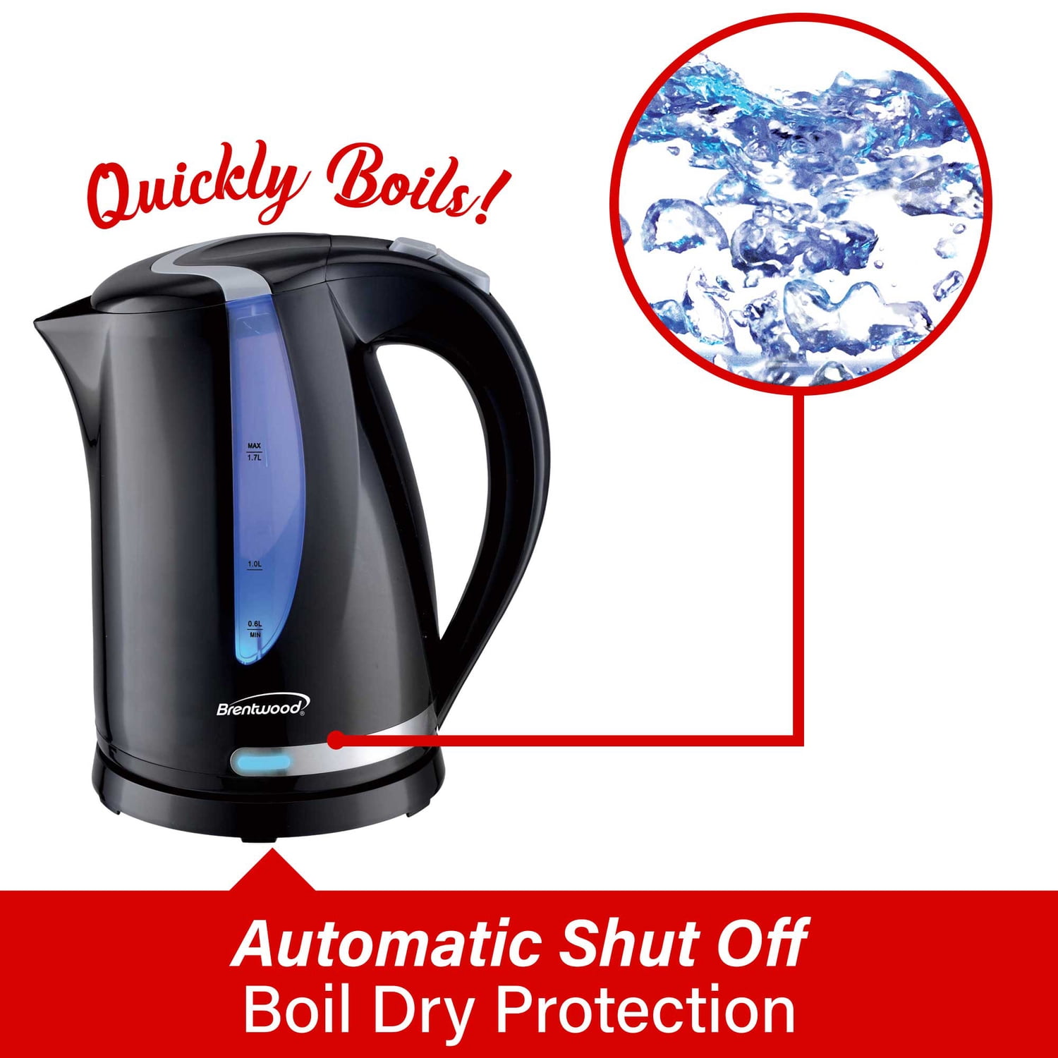 Brentwood 1,100-Watt Cordless Electric Kettle with Concealed Stainless Steel Heating Element, 360° Base, Auto Shutoff, and Boil-Dry Protection (1.7 L; Black), KT-1616BK