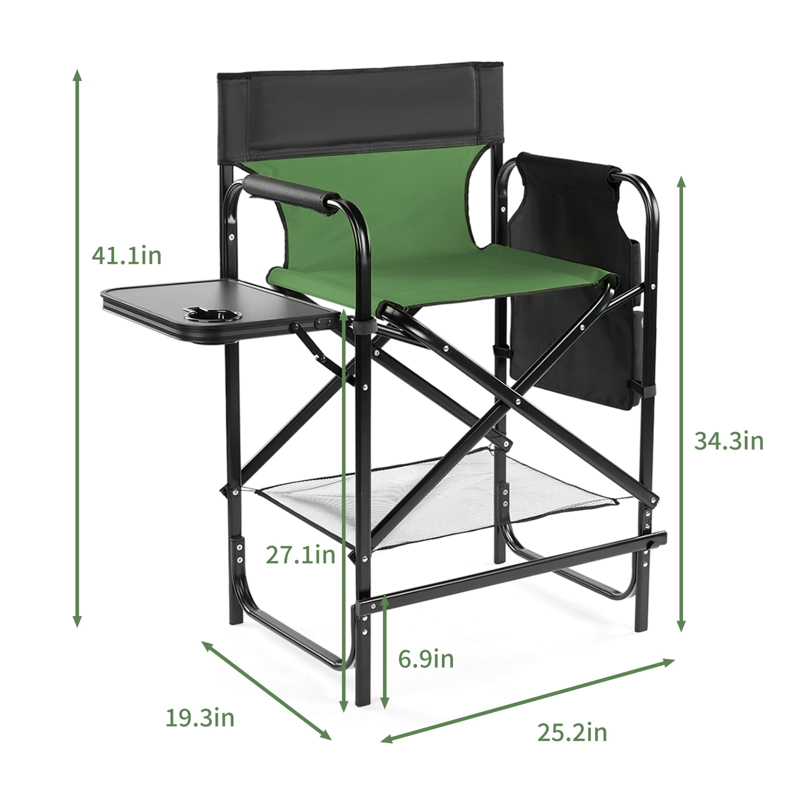 26" Tall Directors Chair with Footrest, 4Portable Bar Height Folding Camping Chair with Built-in Cup Holder, Side Table, Storage Pocket, Olive
