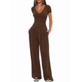 thumbnail image 2 of Womens V Neck Short Sleeve Top Wide Leg Pants Casual Comfortable Outfit Set Two Piece Brown [Short Sleeve] S, 2 of 5