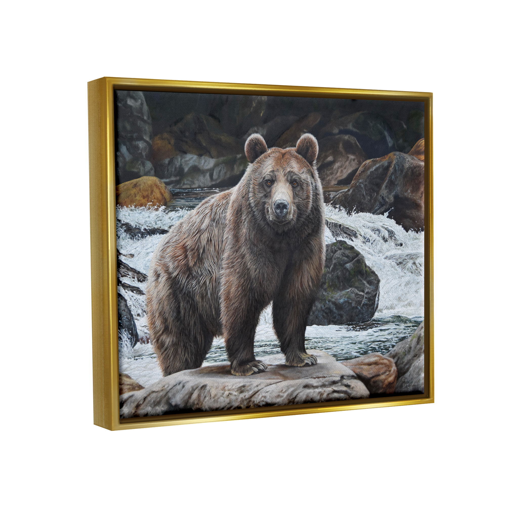 Stupell Industries Grizzly Bear by Waterfall Animals & Insects Painting Gold Floater Framed Art Print Wall Art, 21 x 17
