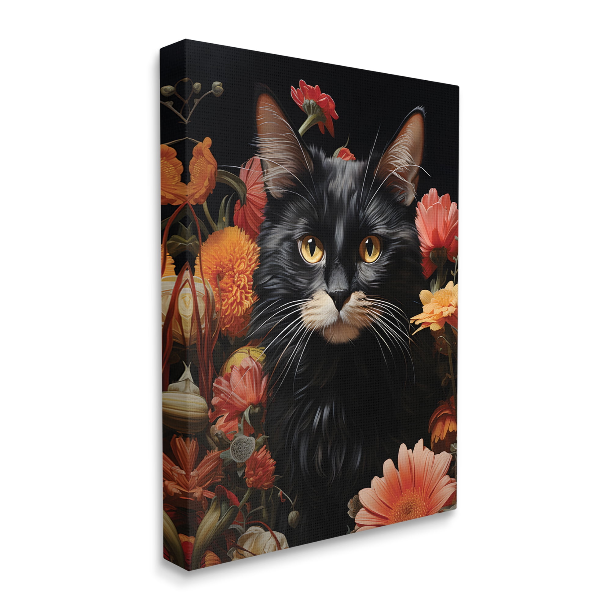 Stupell Industries Cat & Blooming Flowers Animals & Insects Painting Gallery Wrapped Canvas Art Print Wall Art, 30 x 40