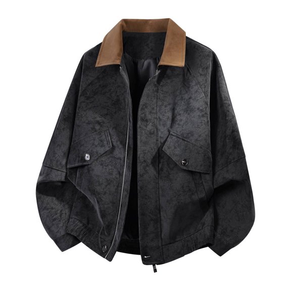 LYSMORA 2026 Men's Contrast Lapel Suede Bomber Jacket, Snap Flap Pockets Elastic Hem Oversized Loose Fit Windproof Retro Street Casual Outerwear