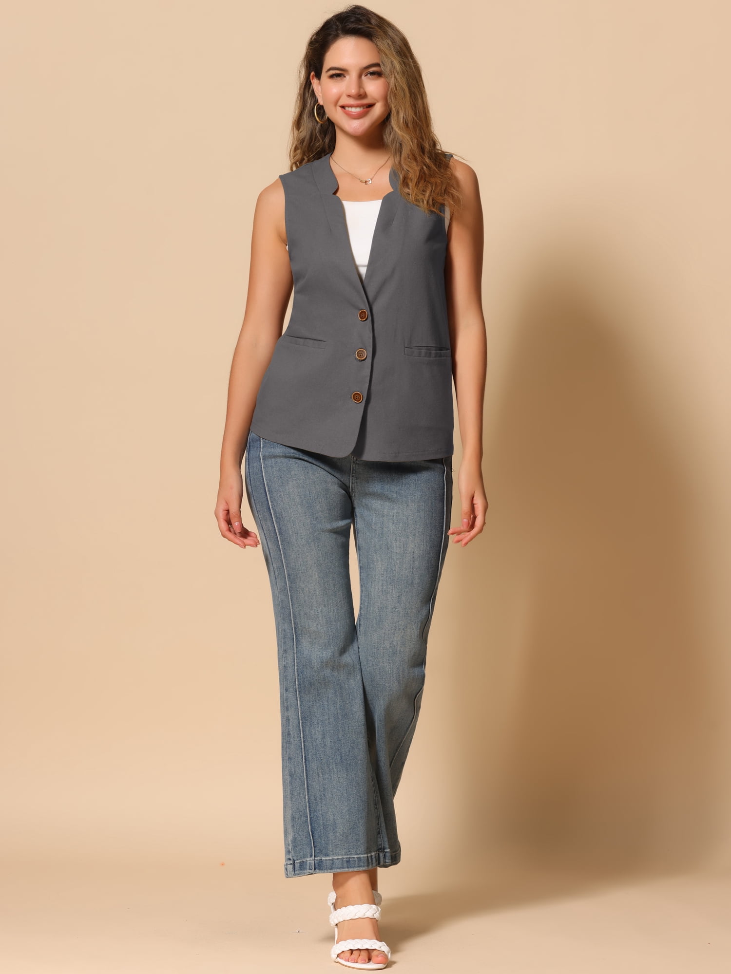 DARING DIVA Women's Cotton Linen V Neck Button Down Jacket Vest S Dark Gray