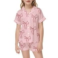 thumbnail image 2 of Toddler Satin Girls Pajama Set Valentines Pajamas Short Sleeve Bow Print Button Down Loungewear Pajama Set for Girls 3-4 Years, 2 of 4