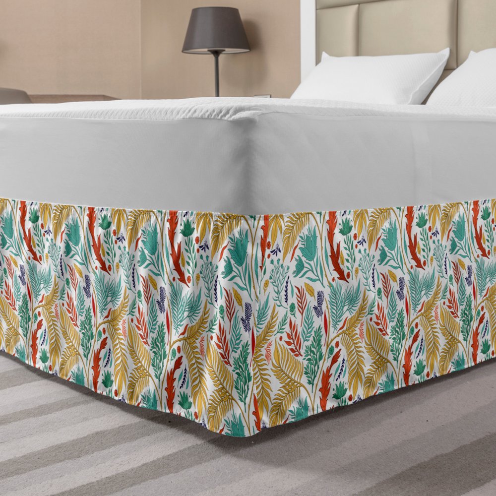 Boho Bed Skirt, Botanical Arrangement of Colorful Leaves and Flowers