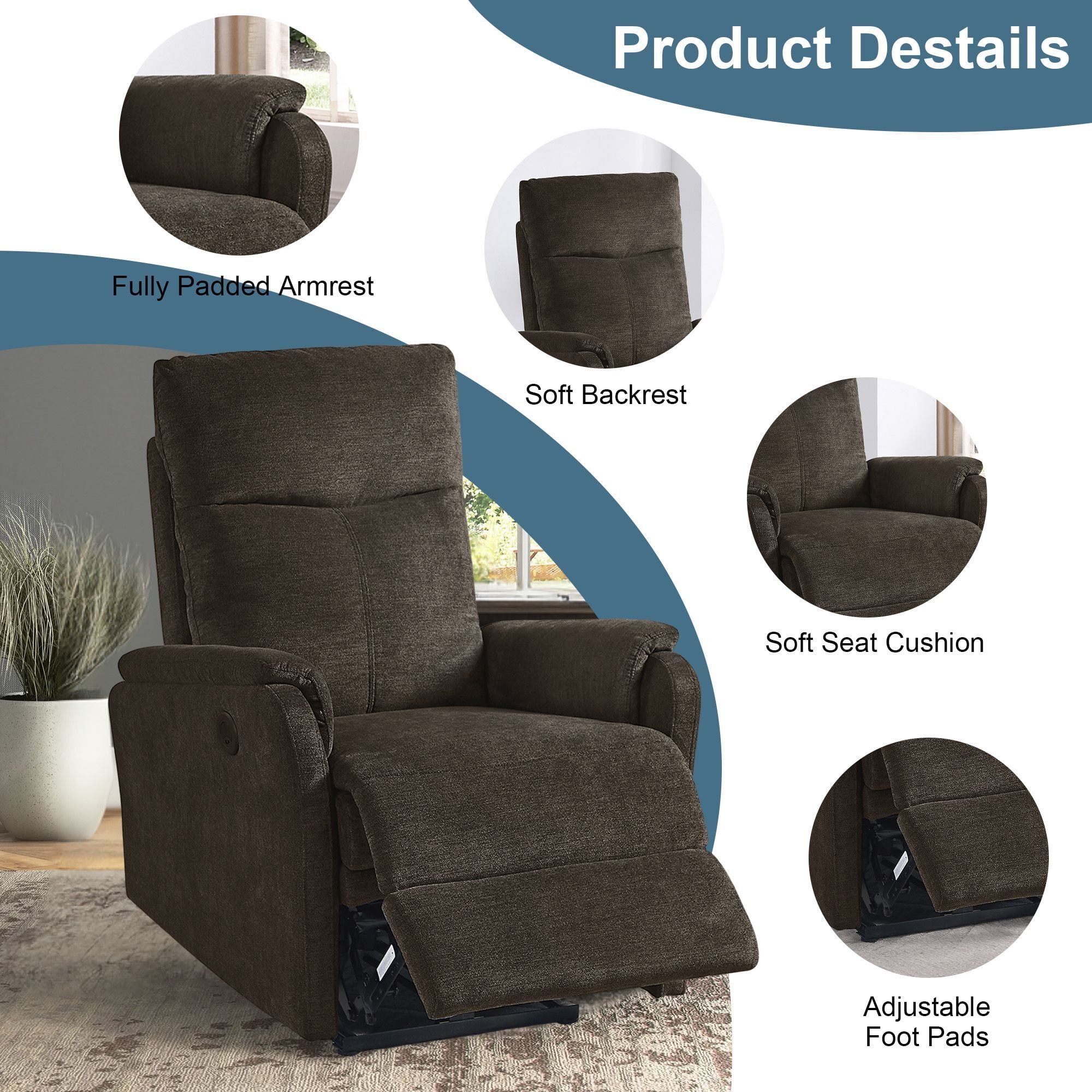 DEALTOPS Power Recliner Chair with USB Ports, Recliner Single Chair with Adjustable Footrest, Dark Brown