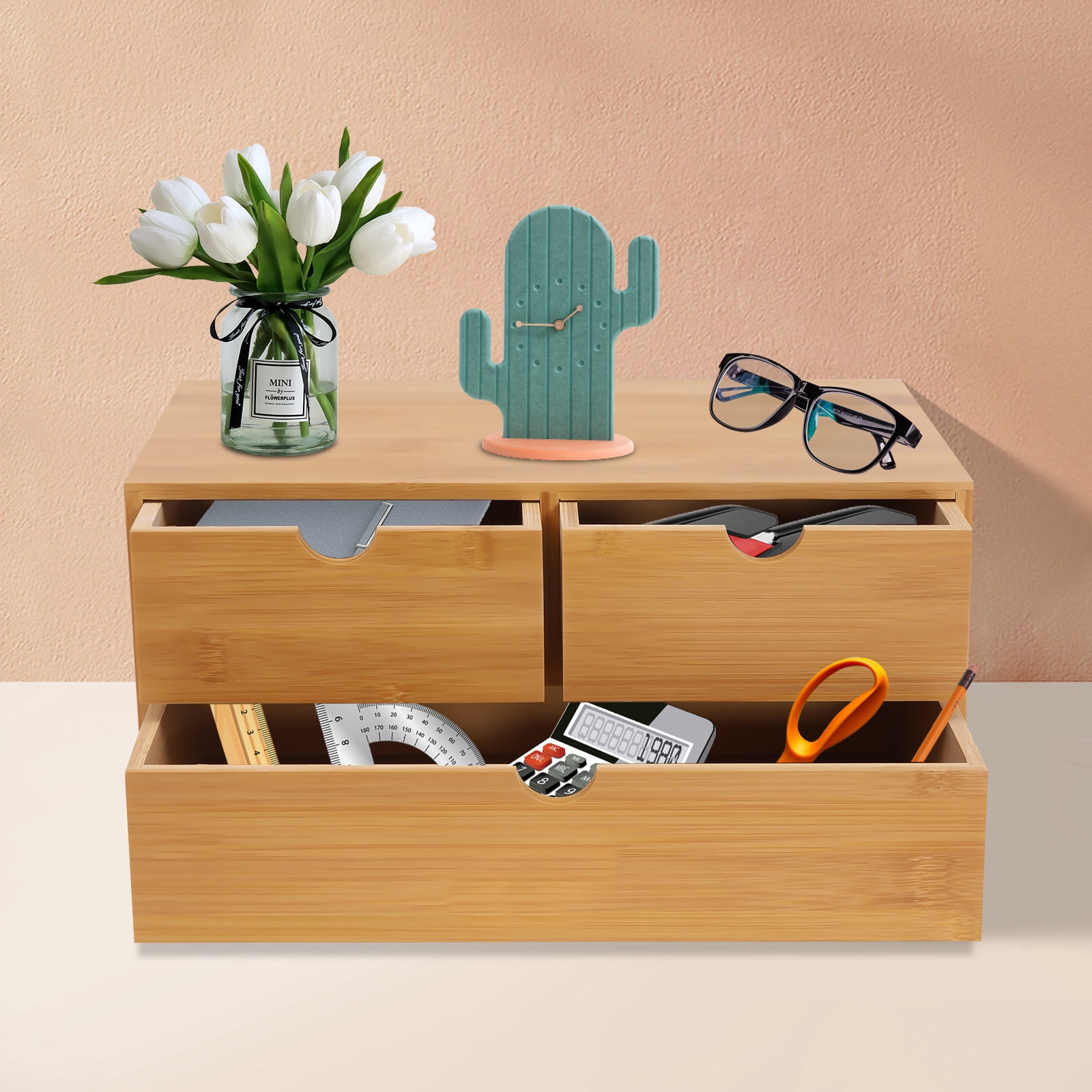 Dwellnix Tabletop Mini Bamboo Desk Bamboo Desk OrganizerDrawer Storage Box W 3 Drawers