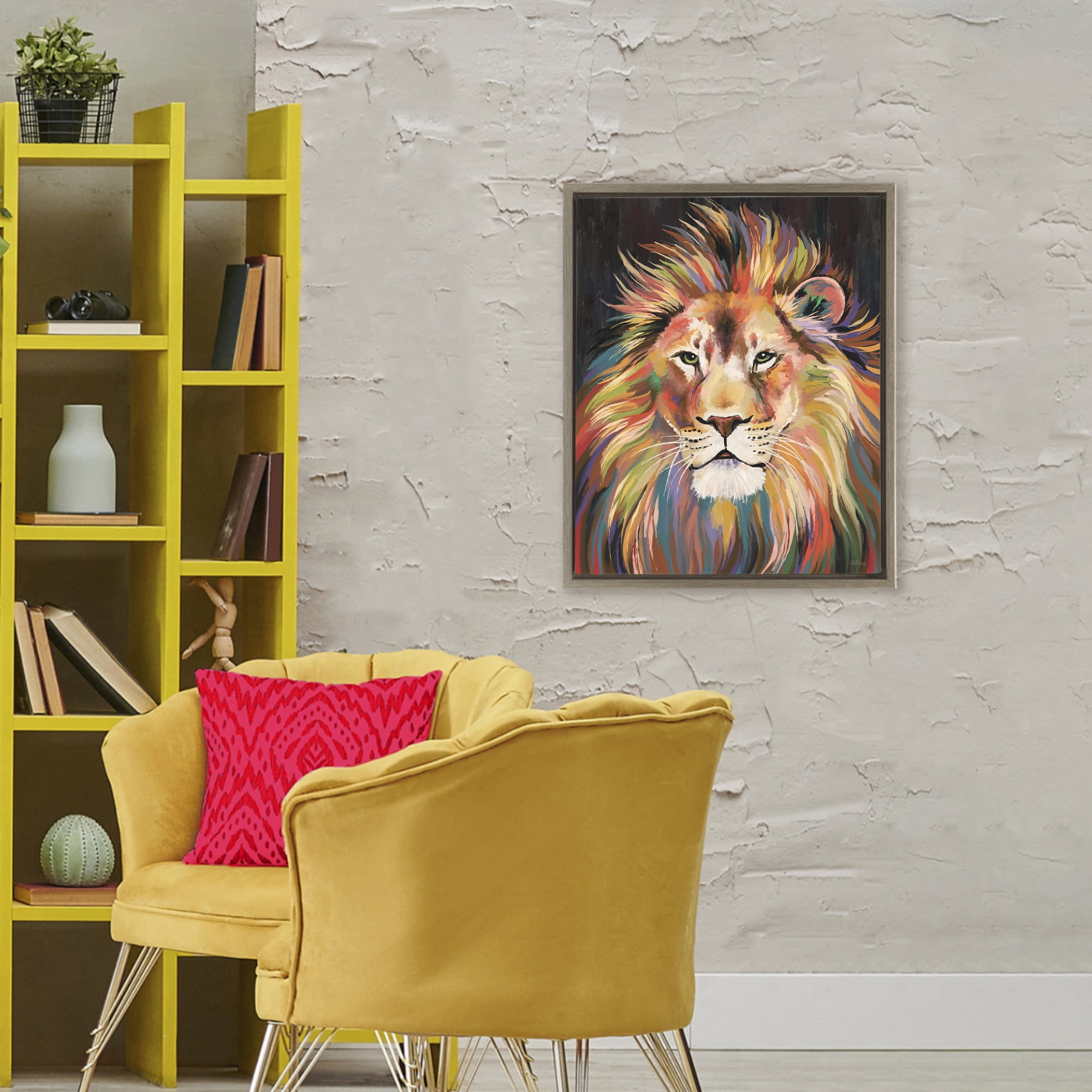 Stupell Industries Vibrant Majestic Rainbow Lion Brown Framed Floater Canvas Wall Art, design by Cat Thurman Designs
