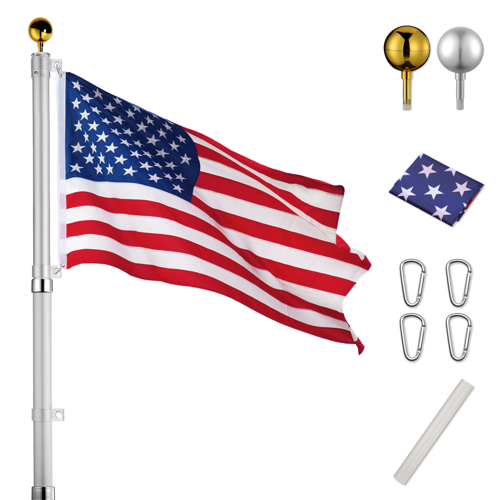 Yescom 25ft Telescopic 16 Gauge Aluminum Flag Pole 3'x5' US Flag Ball Top  Kit Telescoping Flagpole Fly Flags Outdoor