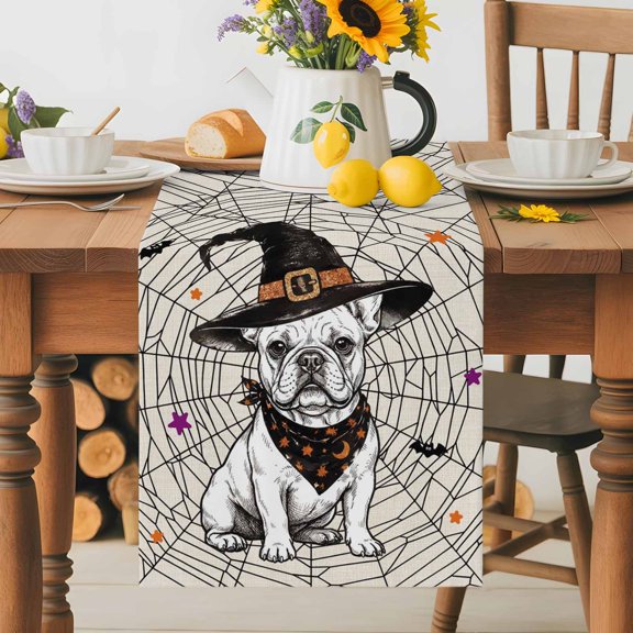 Kitchen Table Runner 36 Inches Long, Halloween Holiday Bulldog Cotton Linen Table Runners for Dining Tables Home Holiday Party Wedding, Spiders Web Purple Stars Tabletop Scarf