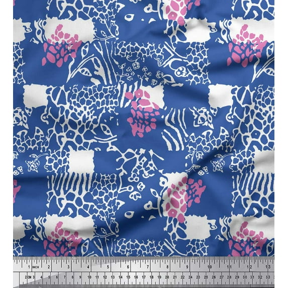 Soimoi Blue Rayon Fabric Brush Stroke & Leopard Animal Skin Decor Fabric Printed Yard 56 Inch Wide