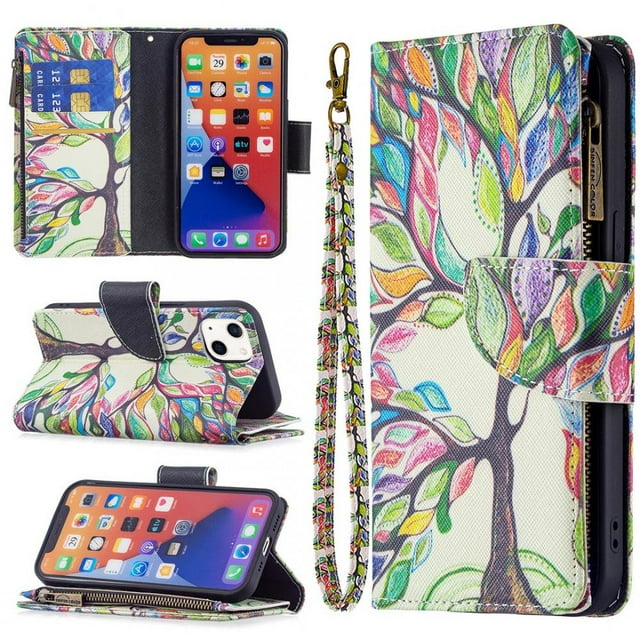 Compatible with 13 Detachable Magnet Zipper Wallet Leather Case Cash Pocket with Multiple Card Slots Holder Wrist Strap Removable Cover