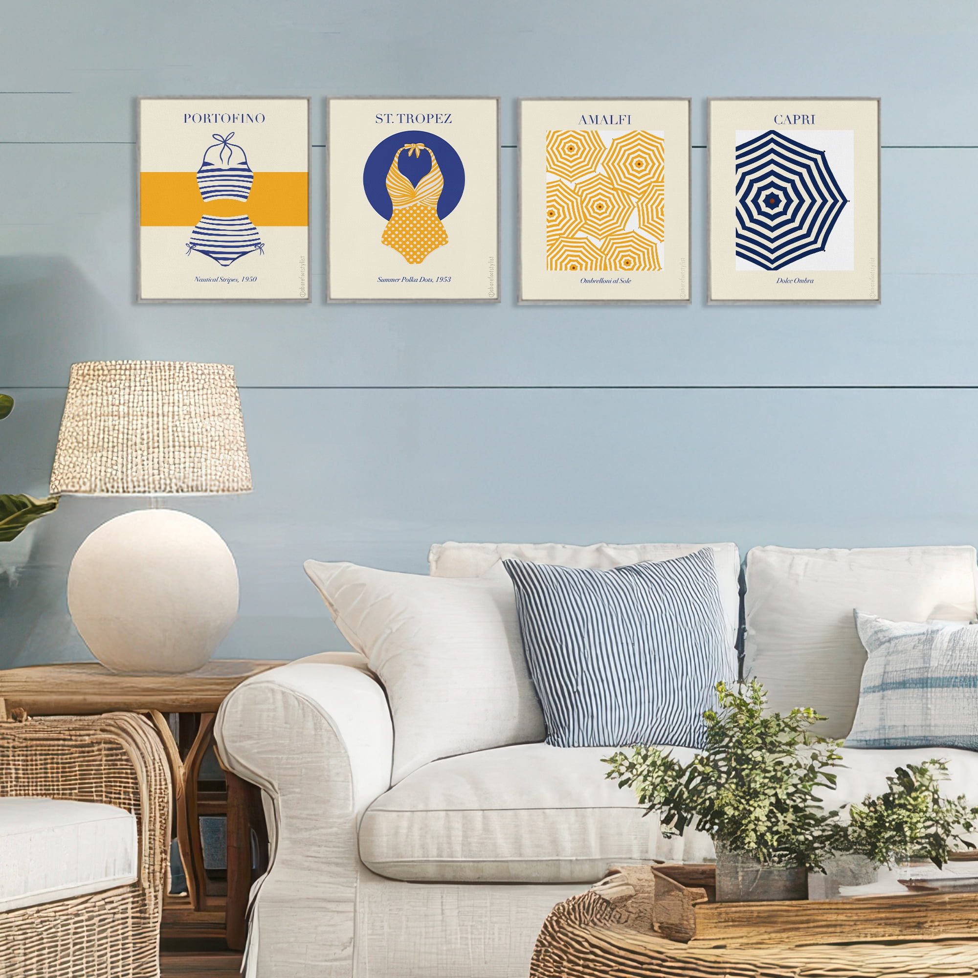 Stupell Industries Retro Beach Vacation Elements 4 Piece Gray Framed Giclee Art Set, design by A Barefoot Stylist