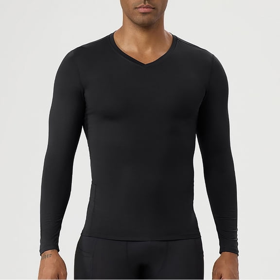 Men's V Neck Compression Shirt Long Sleeve, Athletic Workout Shirts & Gym Undershirts, Active Sports Base Layer Top for Running, Fitness, Muscle Recovery & Cold Weather Black L