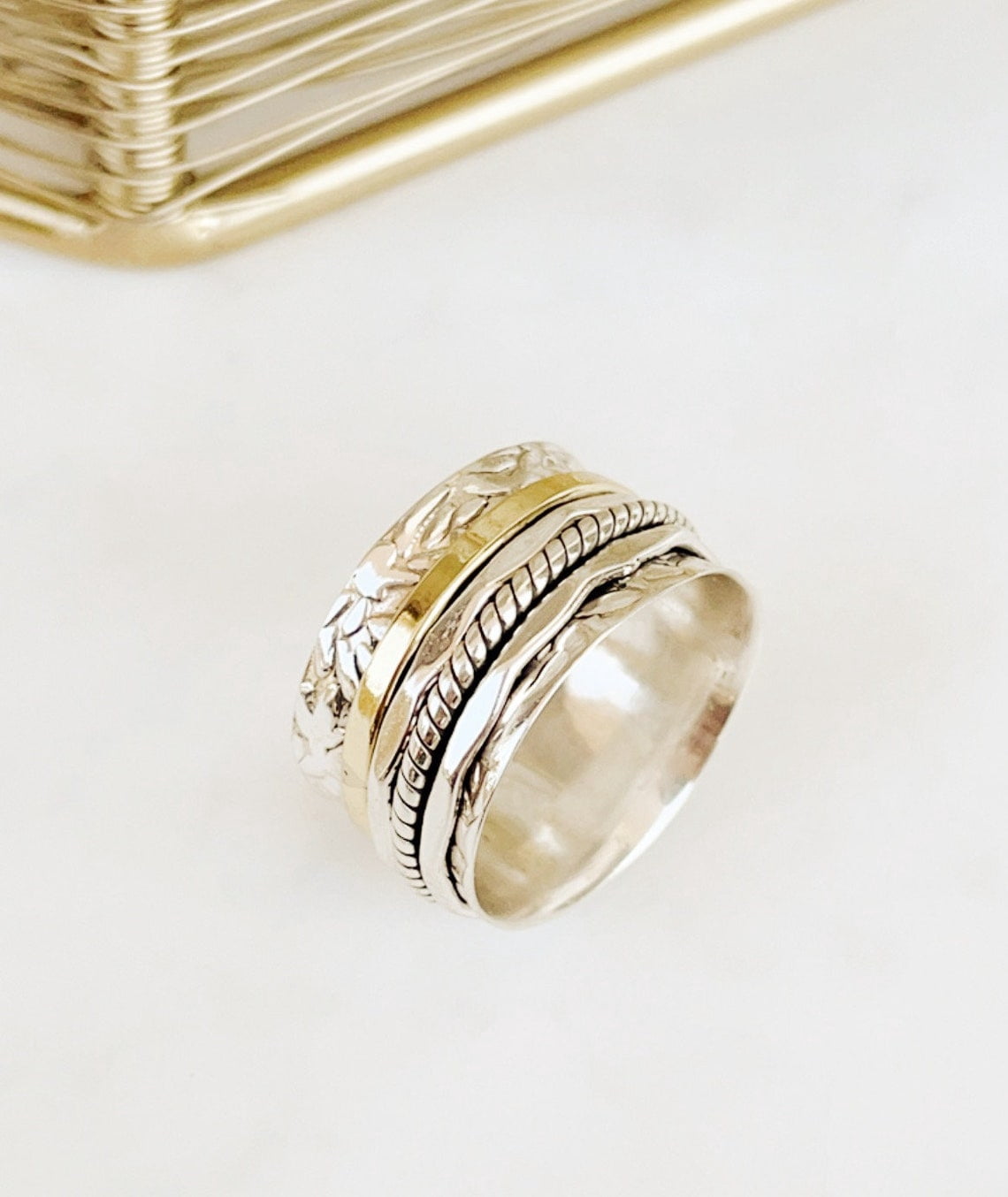 SS DESIGNS Sterling Silver Spinner Ring - Handmade Two Tone Fidget Spinner Ring for Women with Silver Hammered Finish and Stress Relief Design