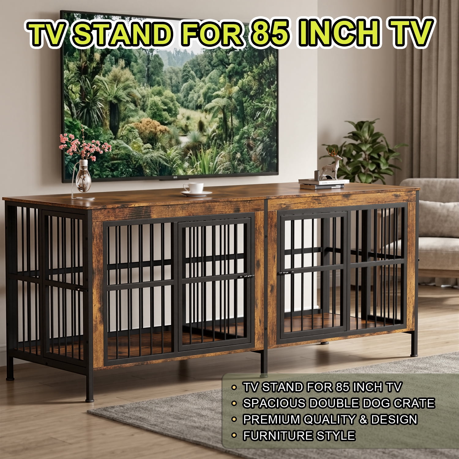 YOKWOK 88 Inch Dog Crate Furniture for Large Dogs with Sturdy Removable Divider, 3-In-1 Extra Large Double Doors Dog Kennel, XXL Thick Wooden Dog Cage Furniture, Brown
