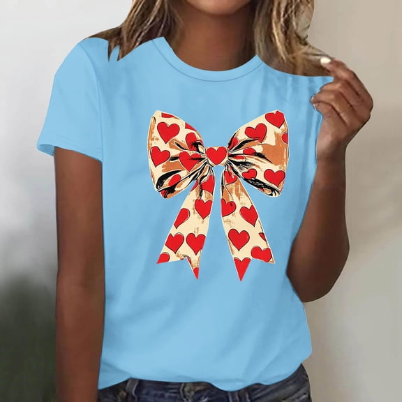 ClodeEU Women Cute Tops Bow Graphic Tees,Printed Crewneck Short Sleeve T Shirts Light Blue,Womens Plus XXXL