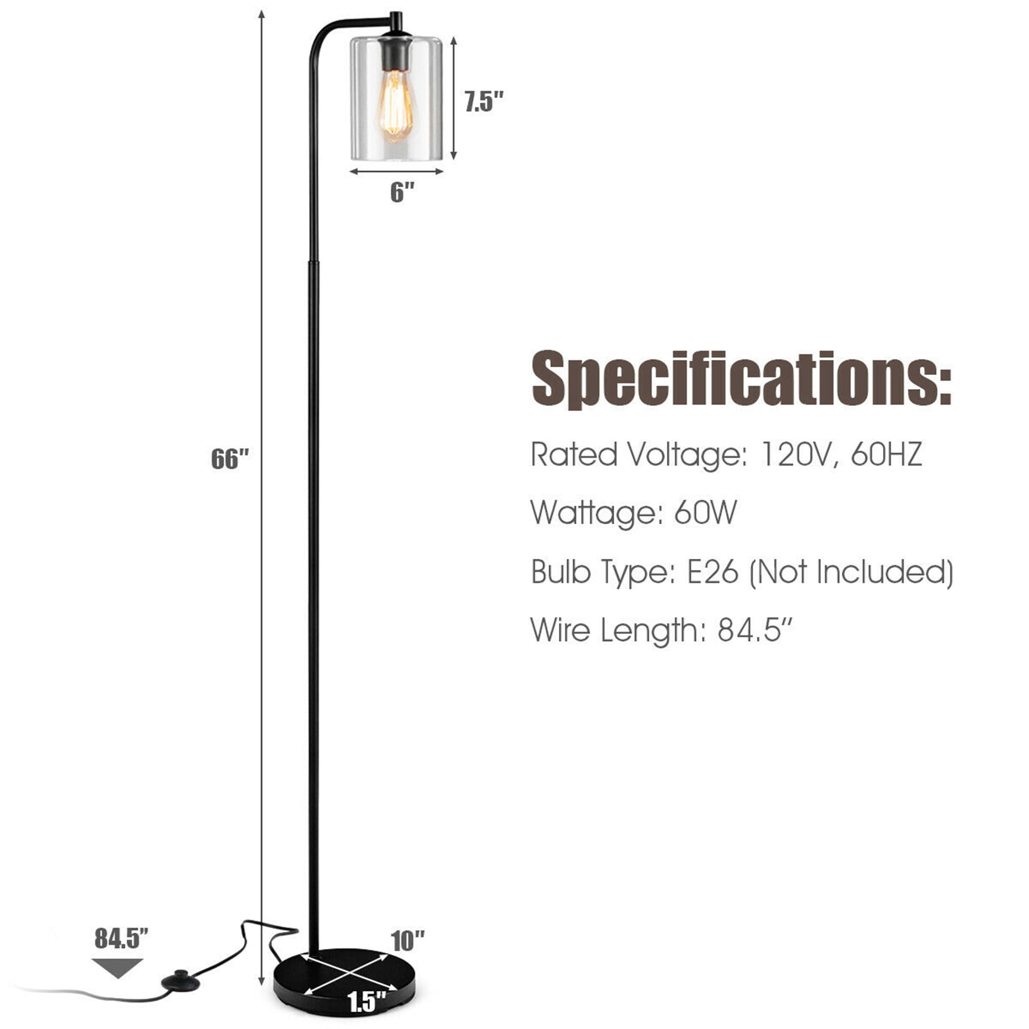 Gymax Industrial Floor Lamp w/ Glass Shade Indoor Modern Tall Pole Lamp for Office